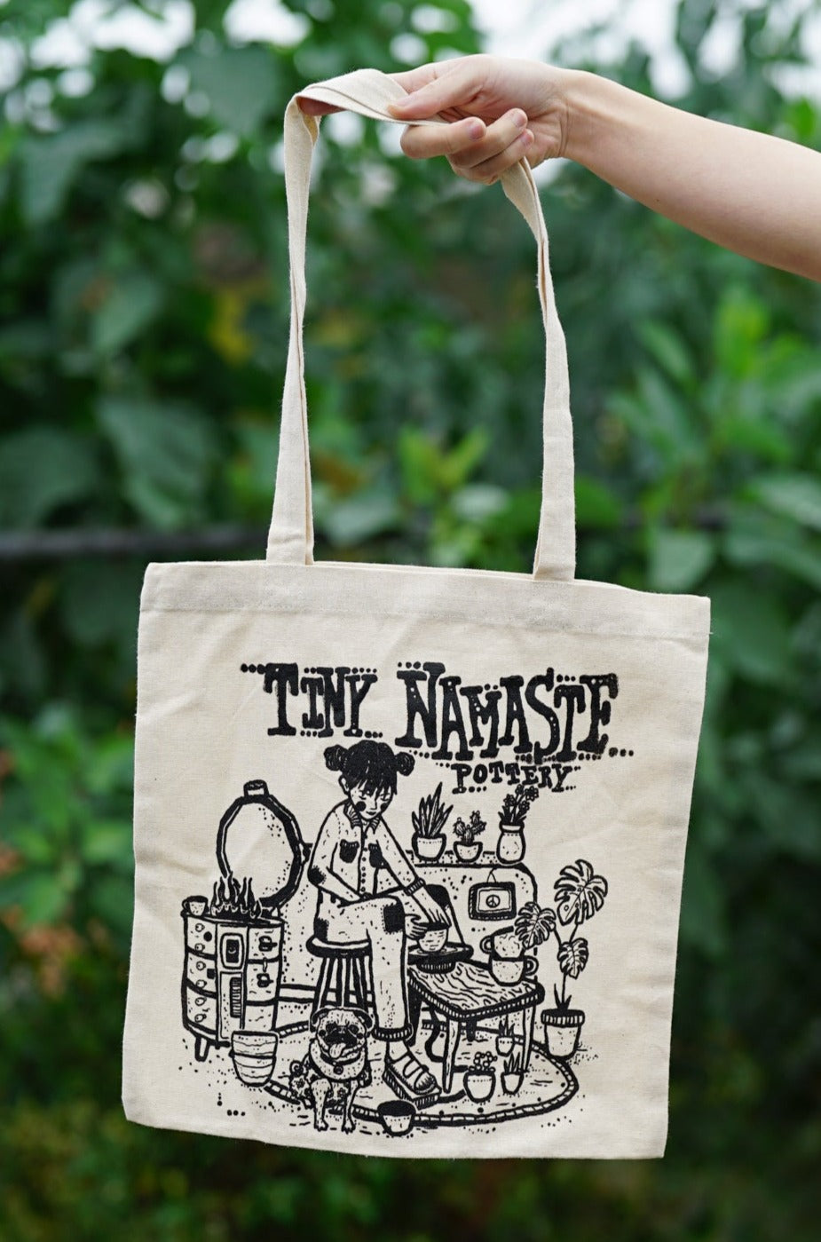 Tote Bag Tiny Namaste Pottery Girl and Pug