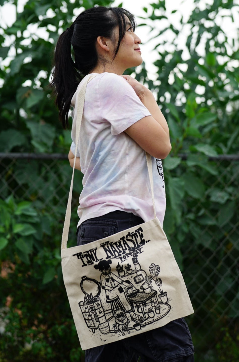 Tiny Namaste Pottery Girl and Pug Tote Bag Canvas Long Handle